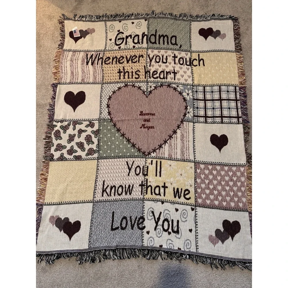 Grandma Throw Blanket Woven Tapestry Fringe Hearts Patchwork Design Country USA